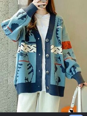 Alicedudu Balmy Cat Oversized Cardigan Sweater Size L Blue Cat Print Colorblock